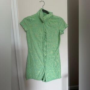 Green Sunisery Women Turn-down Collar Playsuit Short Sleeve Letters One-piece